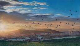 'Going Home' Limited Edition Giclee Print featturing Belfast skyline at sunset with hares in the foreground. Original Art by Northern Irish artist Emma Colbert.